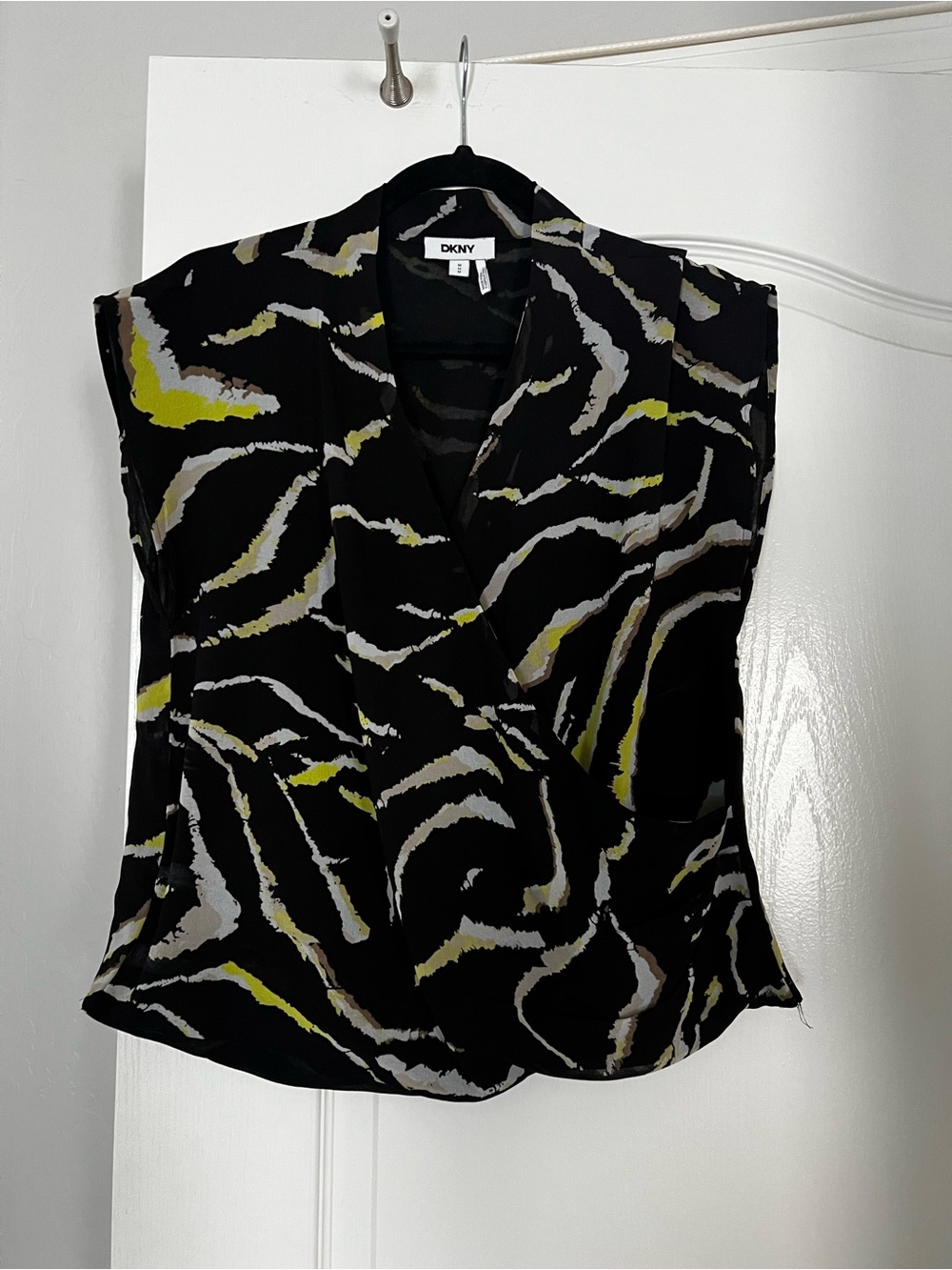 DKNY Black Sleeveless Abstract Print Wrap Top with Yellow Accents
